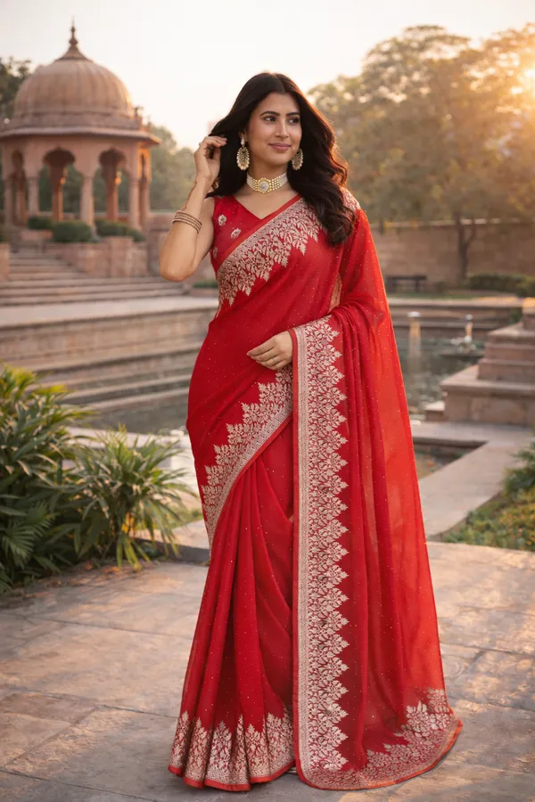 Red_Satin_Embroidered_Saree_With_Blouse_Fabric_For_Women