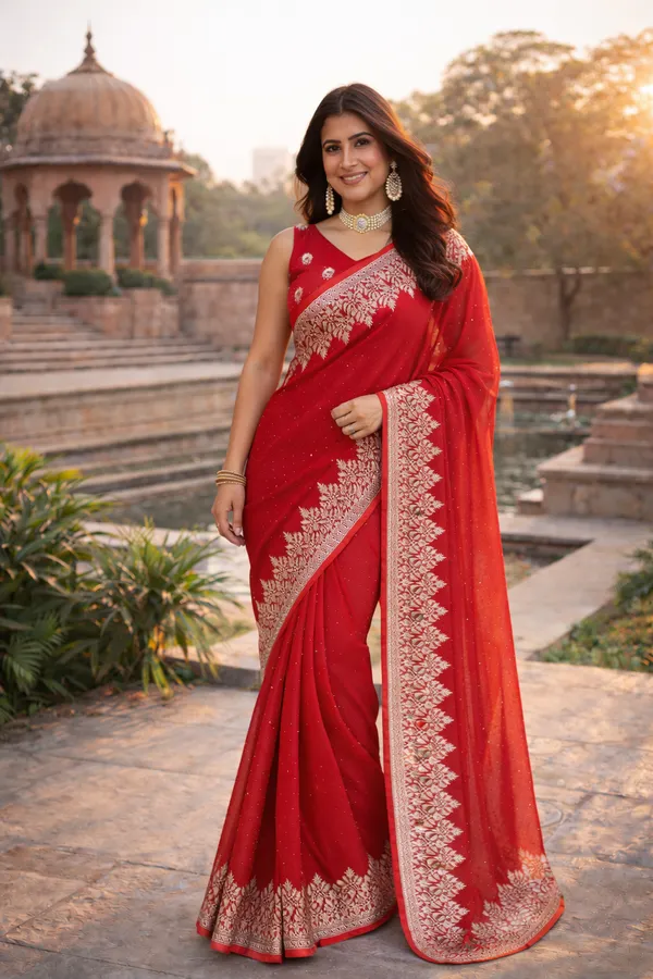 Red_Satin_Embroidered_Saree_With_Blouse_Fabric_For_Women