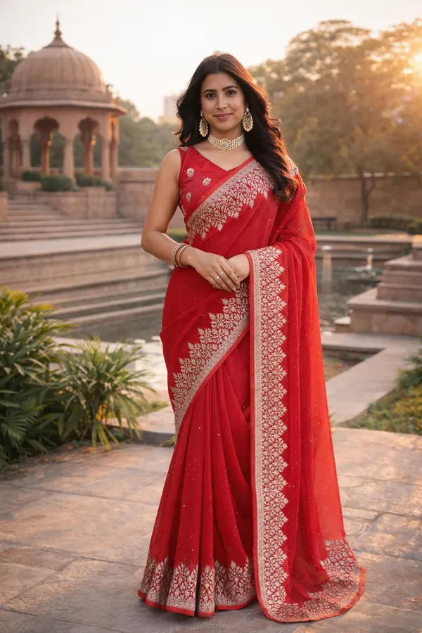 Red_Satin_Embroidered_Saree_With_Blouse_Fabric_For_Women