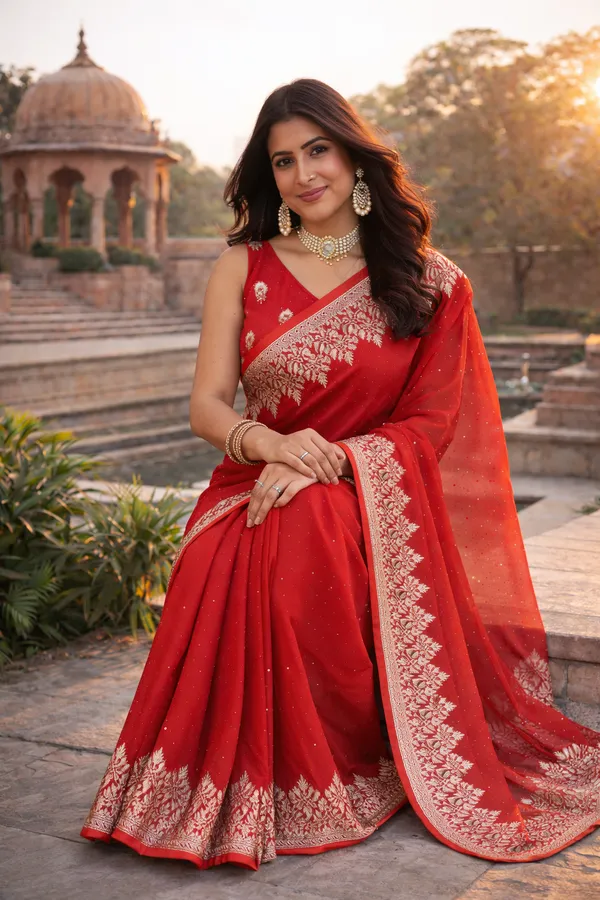 Red_Satin_Embroidered_Saree_With_Blouse_Fabric_For_Women