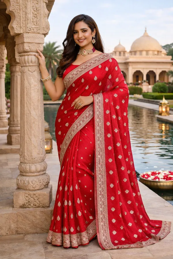 Red_Satin_Zari_Embroidered_Stone_Work_Saree_For_Women