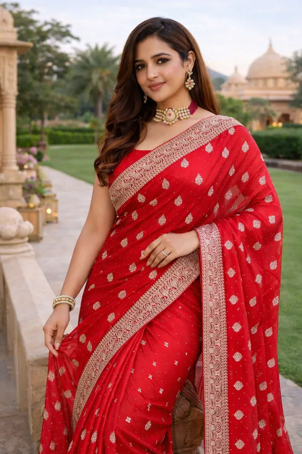 Red_Satin_Zari_Embroidered_Stone_Work_Saree_For_Women