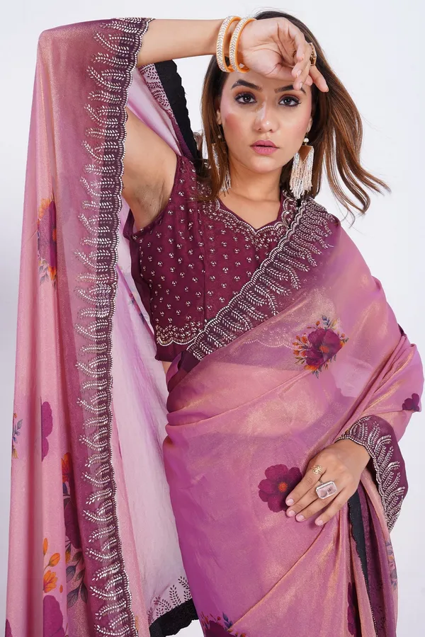 Rose_Pink_Saree_With_Stone_Work_And_Blouse_Piece_For_Women