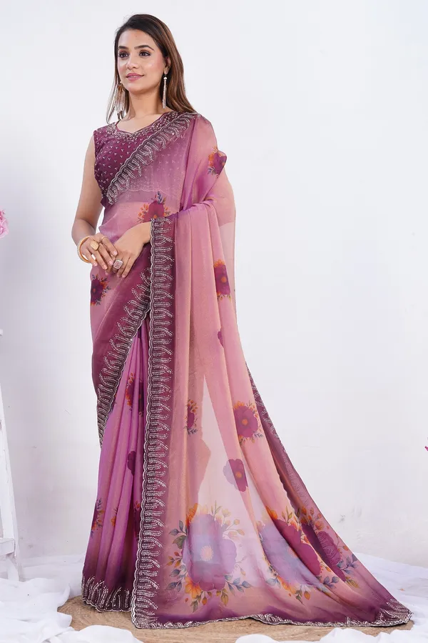 Rose_Pink_Saree_With_Stone_Work_And_Blouse_Piece_For_Women