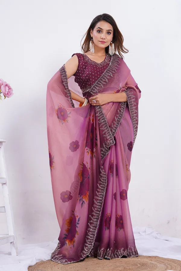 Rose_Pink_Saree_With_Stone_Work_And_Blouse_Piece_For_Women