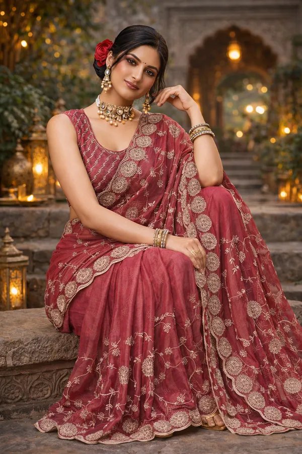 Dark_Pink_Zari_Work_Embroidery_Saree_With_Blouse_Piece_For_Women