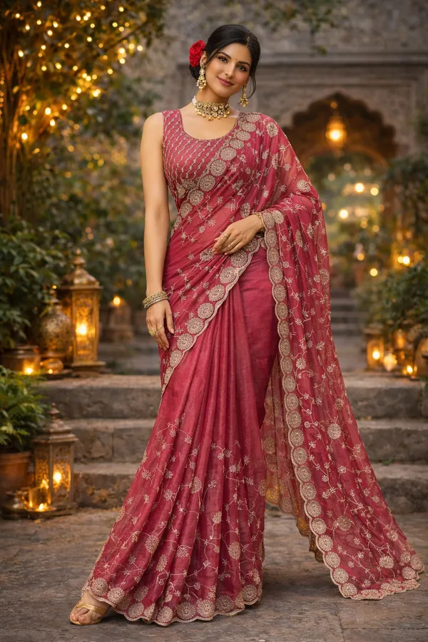 Dark_Pink_Zari_Work_Embroidery_Saree_With_Blouse_Piece_For_Women