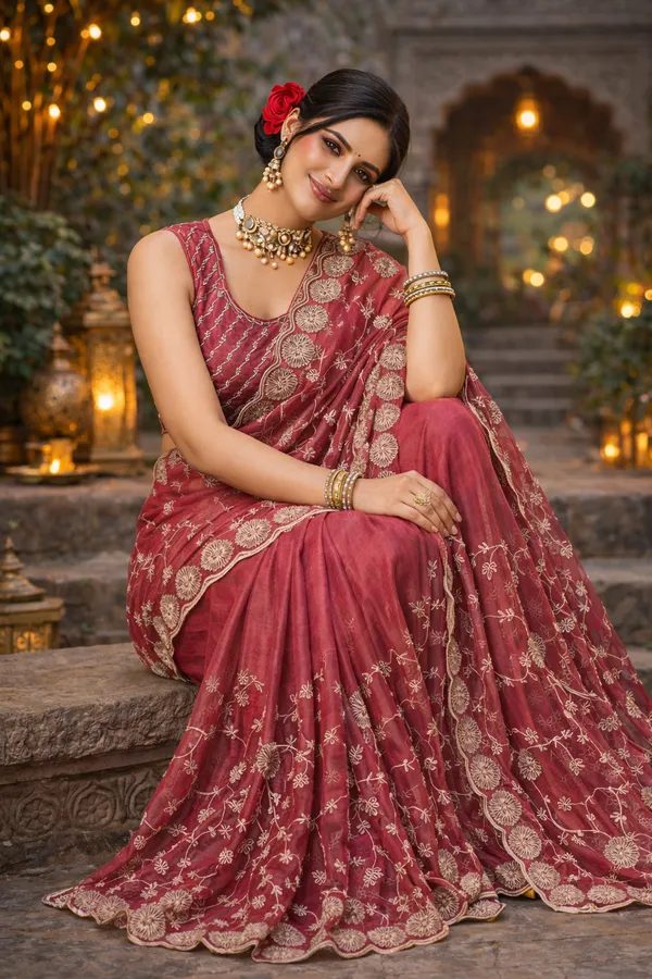 Dark_Pink_Zari_Work_Embroidery_Saree_With_Blouse_Piece_For_Women