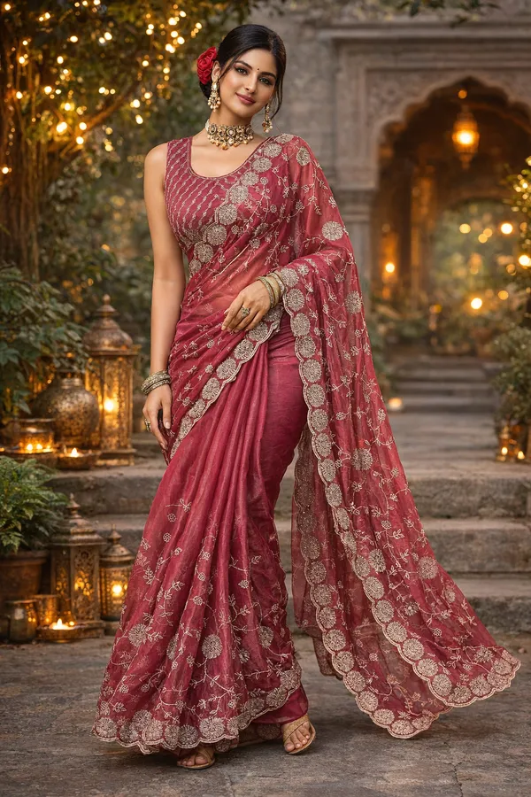 Dark_Pink_Zari_Work_Embroidery_Saree_With_Blouse_Piece_For_Women