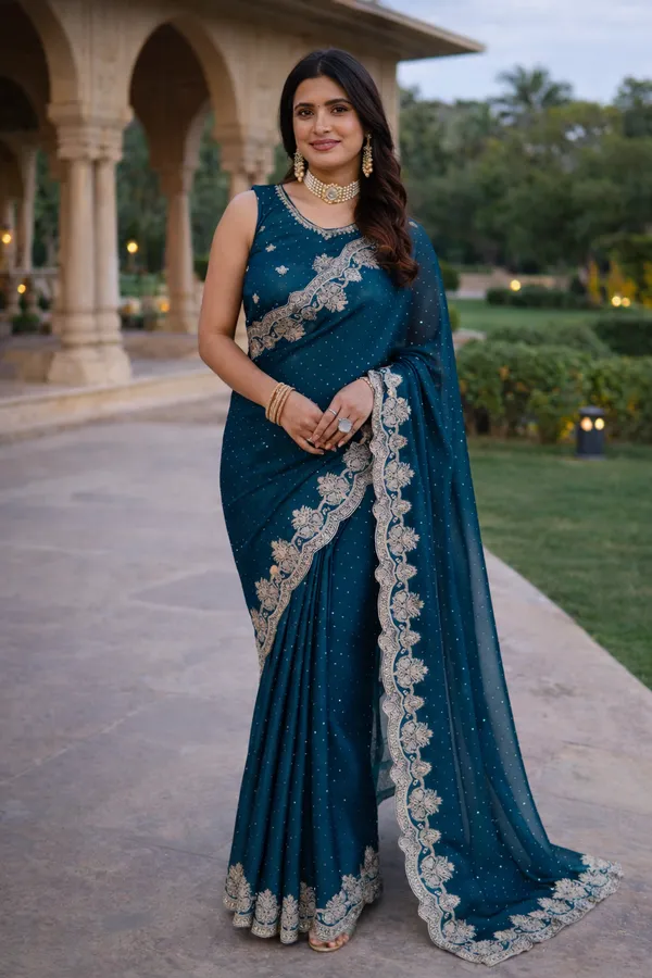 Teal_Blue_Silk_Saree_With_Zari_Embroidered_Border_And_Blouse_Piece_For_Women