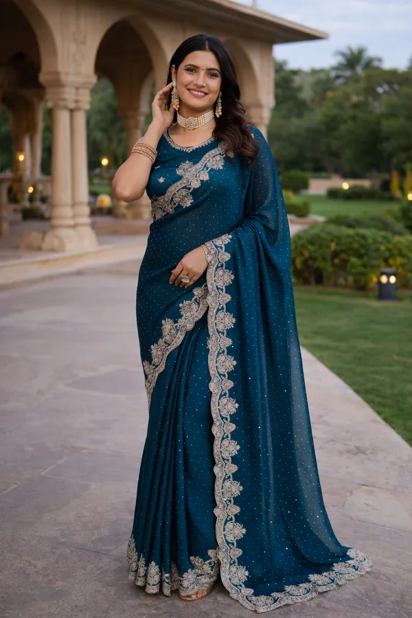 Teal_Blue_Silk_Saree_With_Zari_Embroidered_Border_And_Blouse_Piece_For_Women
