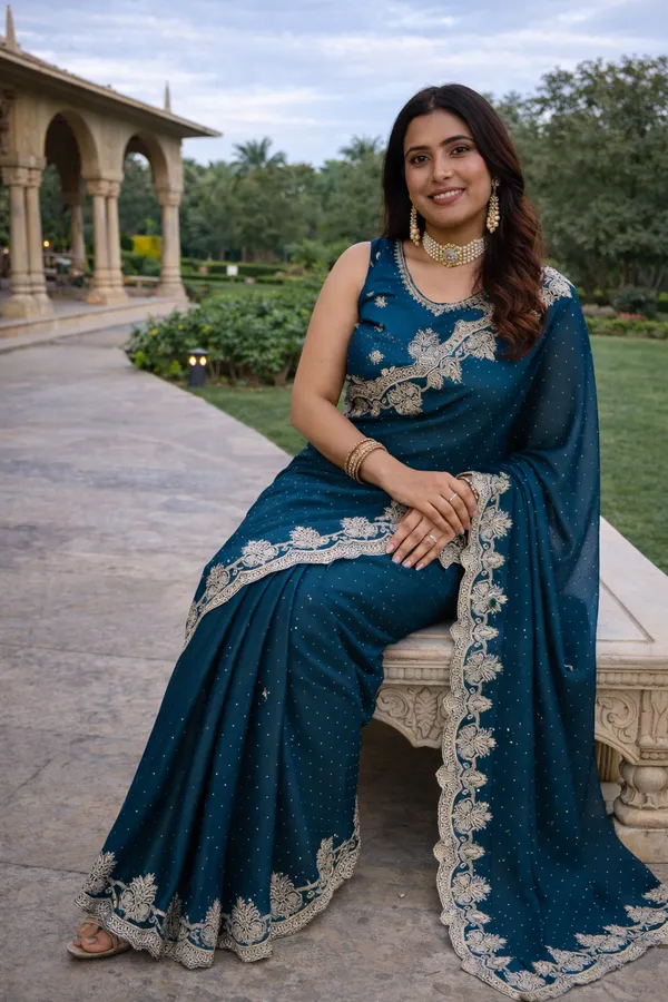 Teal_Blue_Silk_Saree_With_Zari_Embroidered_Border_And_Blouse_Piece_For_Women