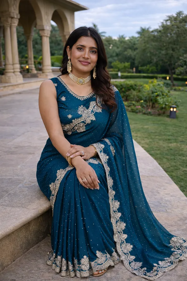 Teal_Blue_Silk_Saree_With_Zari_Embroidered_Border_And_Blouse_Piece_For_Women