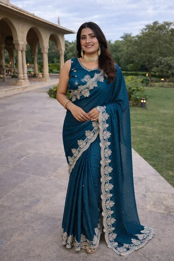 Teal_Blue_Silk_Saree_With_Zari_Embroidered_Border_And_Blouse_Piece_For_Women