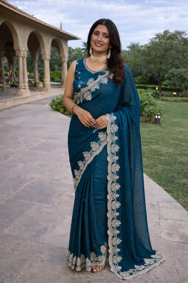 Teal_Blue_Silk_Saree_With_Zari_Embroidered_Border_And_Blouse_Piece_For_Women