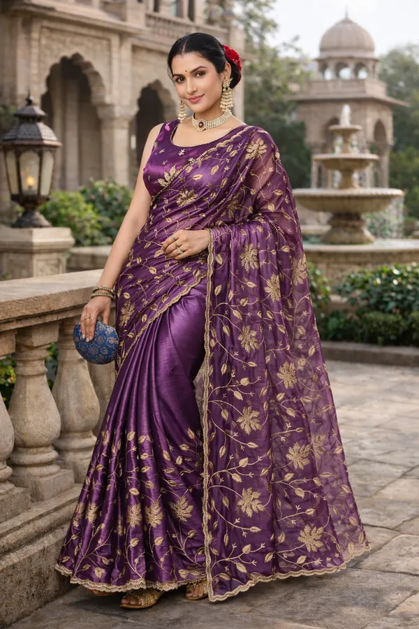Purple_Embroidered_Saree_With_Blouse_Piece_For_Women