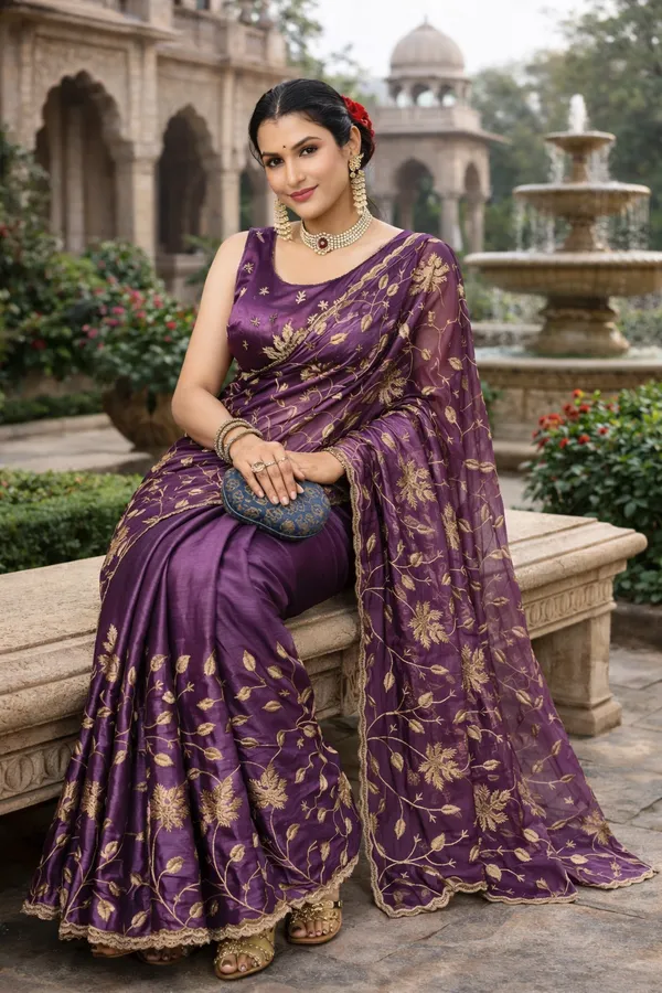 Purple_Embroidered_Saree_With_Blouse_Piece_For_Women