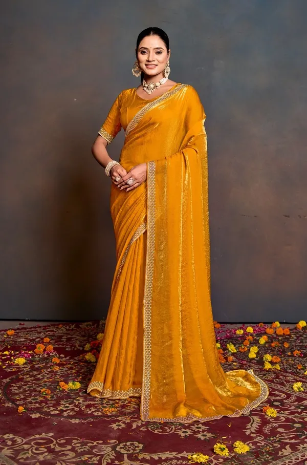 Yellow_Silk_Saree_With_Stone_Work_And_Unstitched_Blouse_For_Women