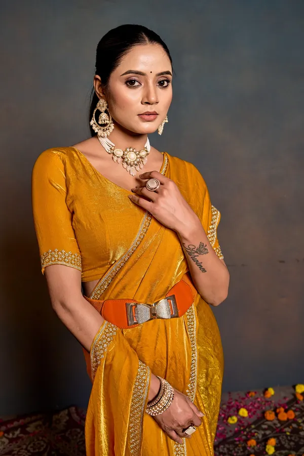 Yellow_Silk_Saree_With_Stone_Work_And_Unstitched_Blouse_For_Women