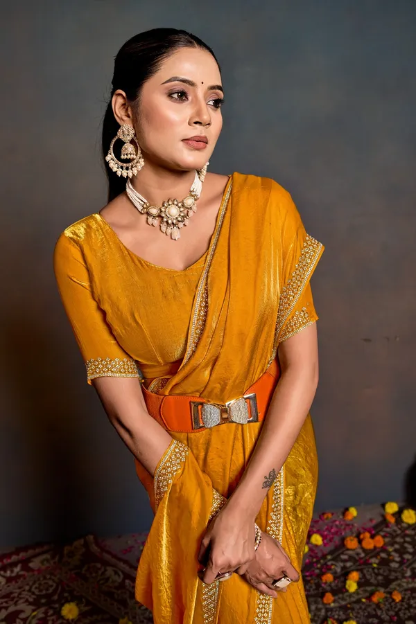 Yellow_Silk_Saree_With_Stone_Work_And_Unstitched_Blouse_For_Women