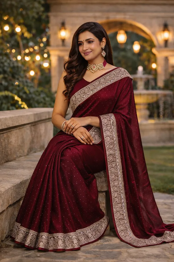 Maroon_Satin_Zari_Embroidered_Stone_Work_Saree_For_Women