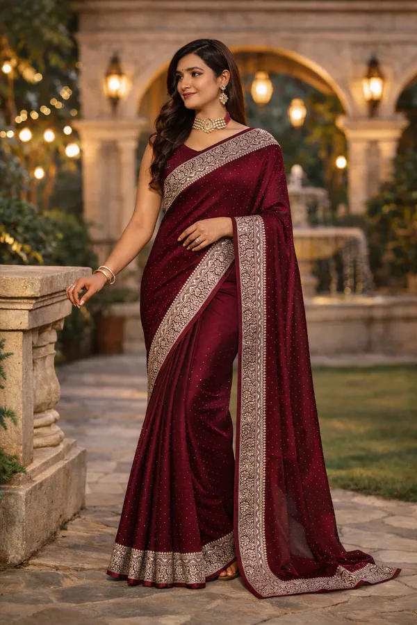 Maroon_Satin_Zari_Embroidered_Stone_Work_Saree_For_Women