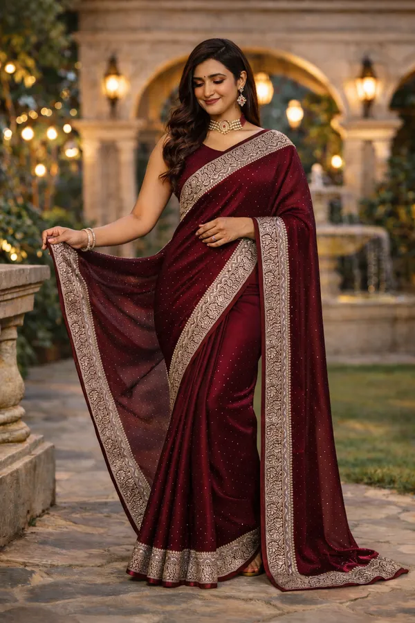 Maroon_Satin_Zari_Embroidered_Stone_Work_Saree_For_Women