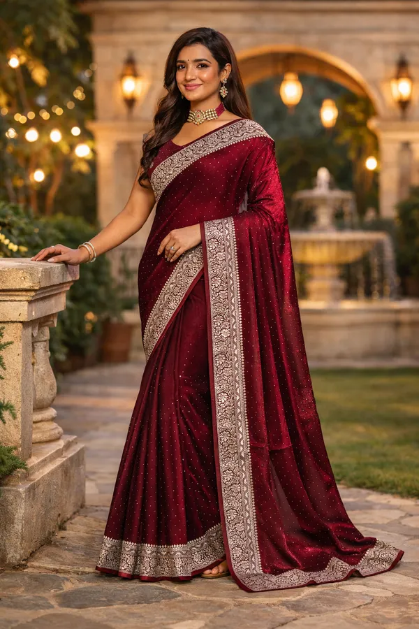 Maroon_Satin_Zari_Embroidered_Stone_Work_Saree_For_Women