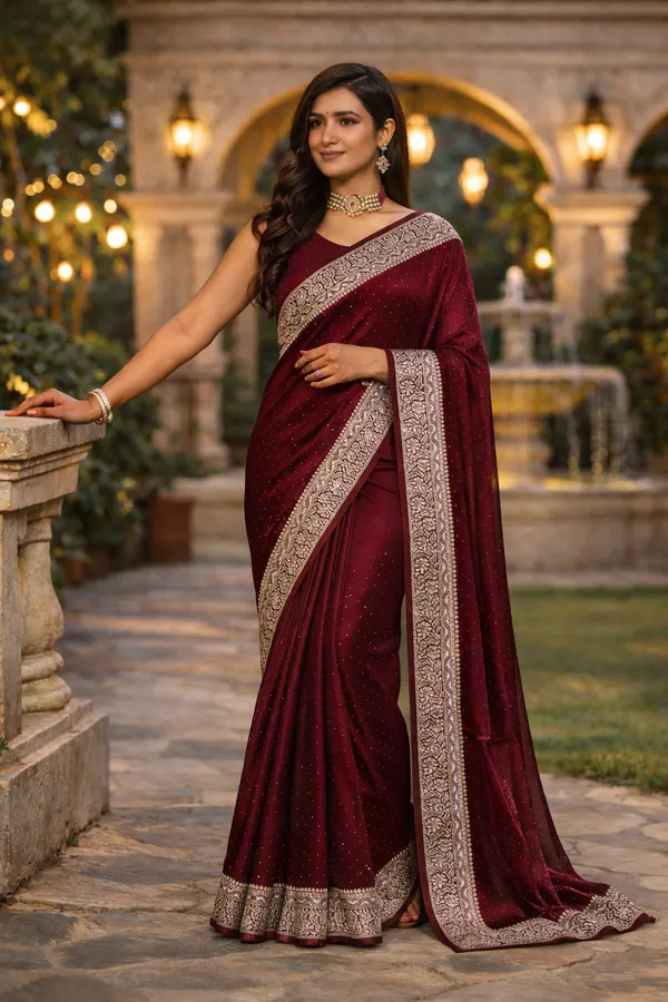 Maroon_Satin_Zari_Embroidered_Stone_Work_Saree_For_Women