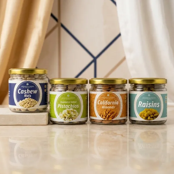 Anjaneya_Foods_Golden_Raisins,_California_Almonds,_Roasted_Salted_Pistachios_And_Cashew_Nuts_Pack_Of_4