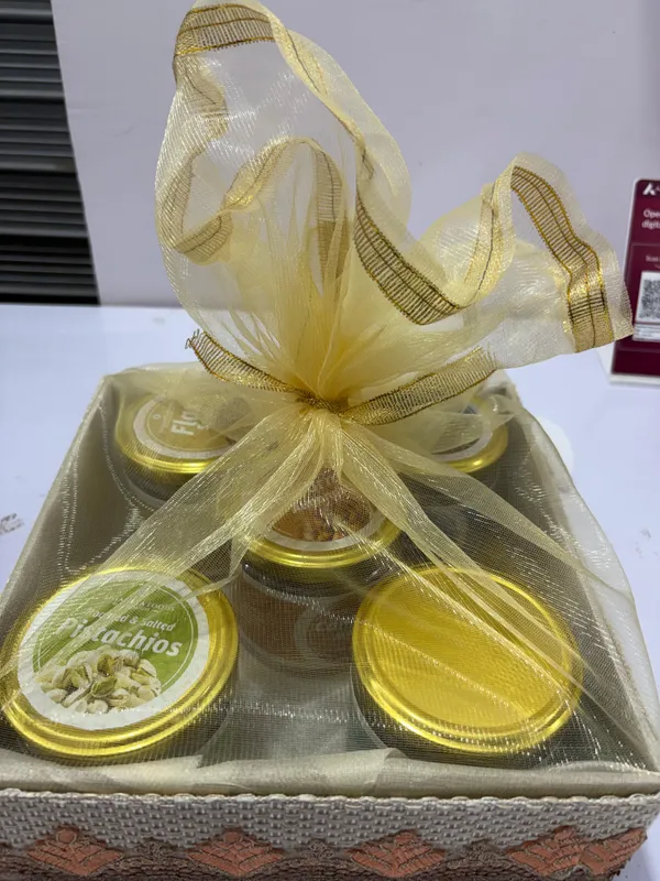 Gold_Ribbon_Organza_Bow_Festive_Gift_Box_And_Anjaneya_Foods_Golden_Raisins_Pet_Jar_Pack_Of_2