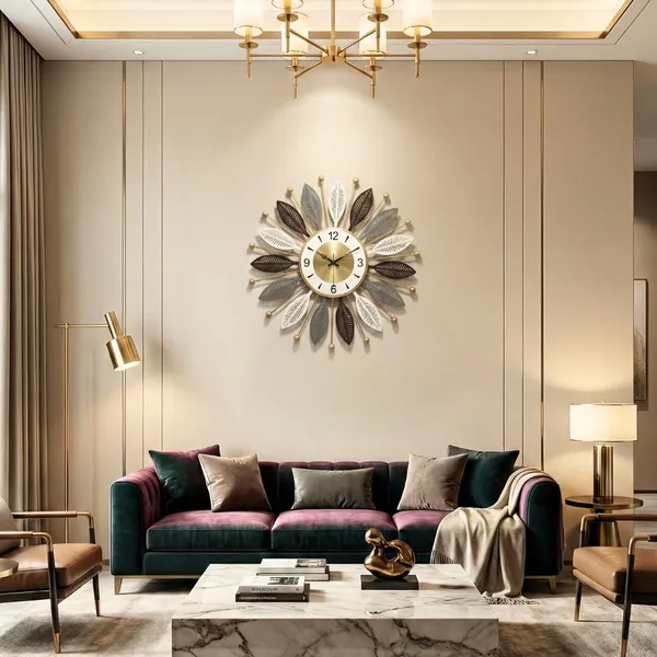 RIOH_Decor_Premium_Metal_Wall_Clock_for_Home_|_Luxury_3D_Leaf_Design_|_Silent_Sweep_Movement_|_Big_Decorative_Wall_Clock_for_Living_Room,_Bedroom_&_Hall_|_60_cm_Golden_Designer_Clock._(Star)