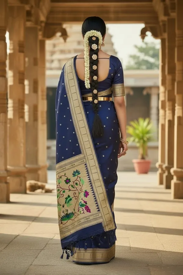 Navy_Blue_Pure_Banarasi_Soft_Silk_Maharashtra_Special_Paithani_Saree_With_Blouse