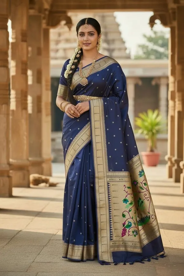 Navy_Blue_Pure_Banarasi_Soft_Silk_Maharashtra_Special_Paithani_Saree_With_Blouse