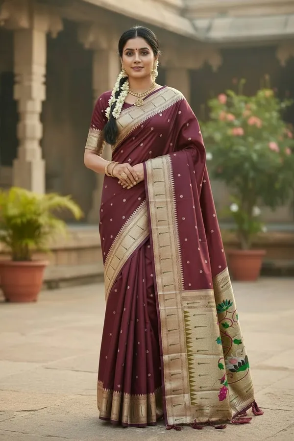 Maroon_Pure_Banarasi_Soft_Silk_Maharashtra_Special_Paithani_Saree_With_Blouse