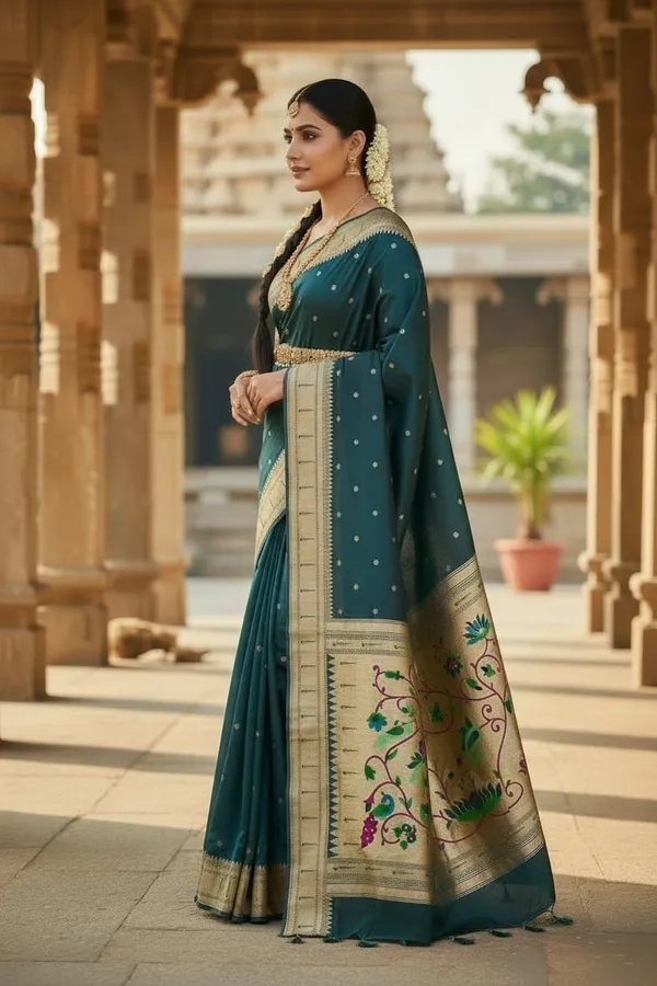 Peacock_Green_Pure_Banarasi_Soft_Silk_Maharashtra_Special_Paithani_Saree_With_Blouse