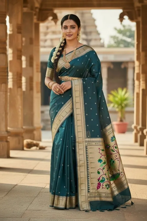 Peacock_Green_Pure_Banarasi_Soft_Silk_Maharashtra_Special_Paithani_Saree_With_Blouse