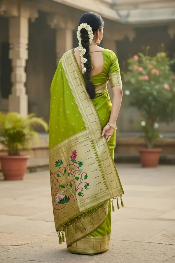 Parrot_Green_Pure_Banarasi_Soft_Silk_Maharashtra_Special_Paithani_Saree_With_Blouse