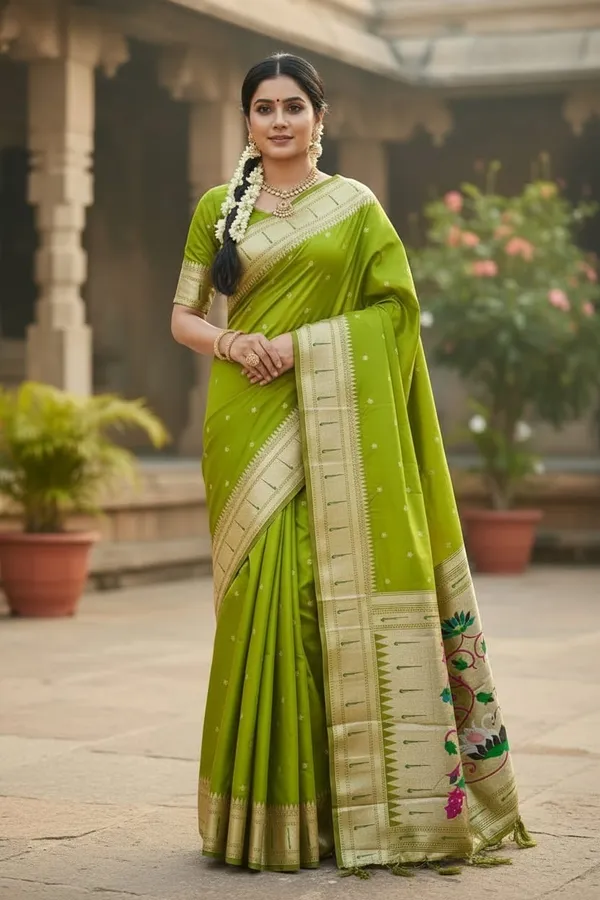 Parrot_Green_Pure_Banarasi_Soft_Silk_Maharashtra_Special_Paithani_Saree_With_Blouse