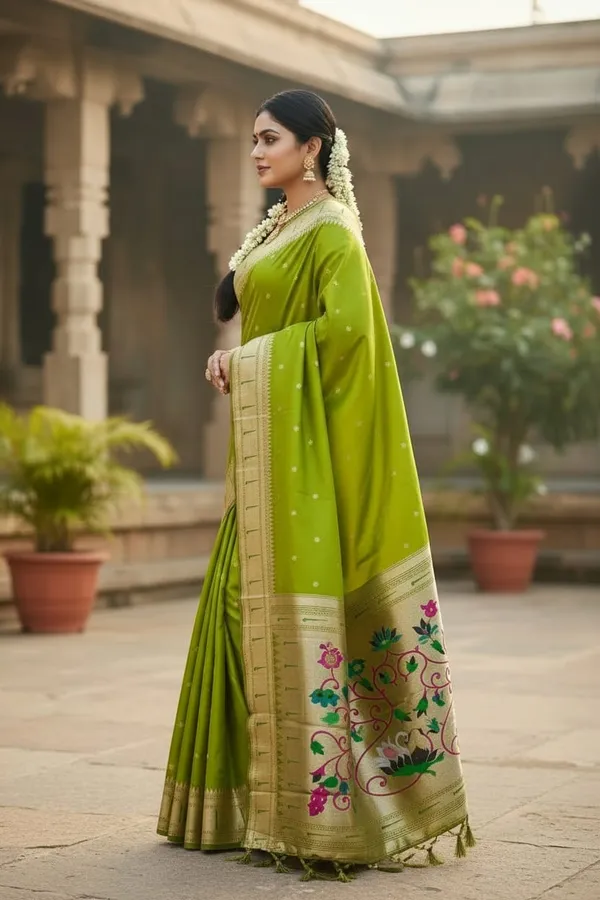 Parrot_Green_Pure_Banarasi_Soft_Silk_Maharashtra_Special_Paithani_Saree_With_Blouse