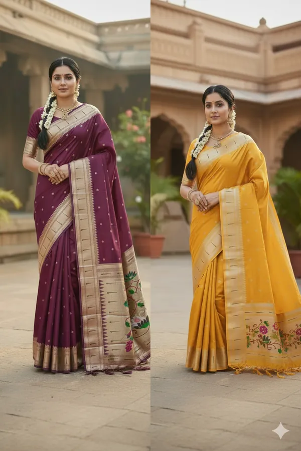 Yellow_And_Wine_Pure_Banarasi_Soft_Silk_Maharashtra_Special_Paithani_Saree_With_Blouse_Combo_Set_Pack_Of_2