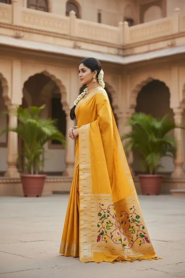 Yellow_Pure_Banarasi_Soft_Silk_Maharashtra_Special_Paithani_Saree_With_Blouse