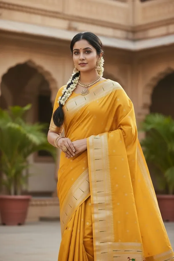 Yellow_Pure_Banarasi_Soft_Silk_Maharashtra_Special_Paithani_Saree_With_Blouse