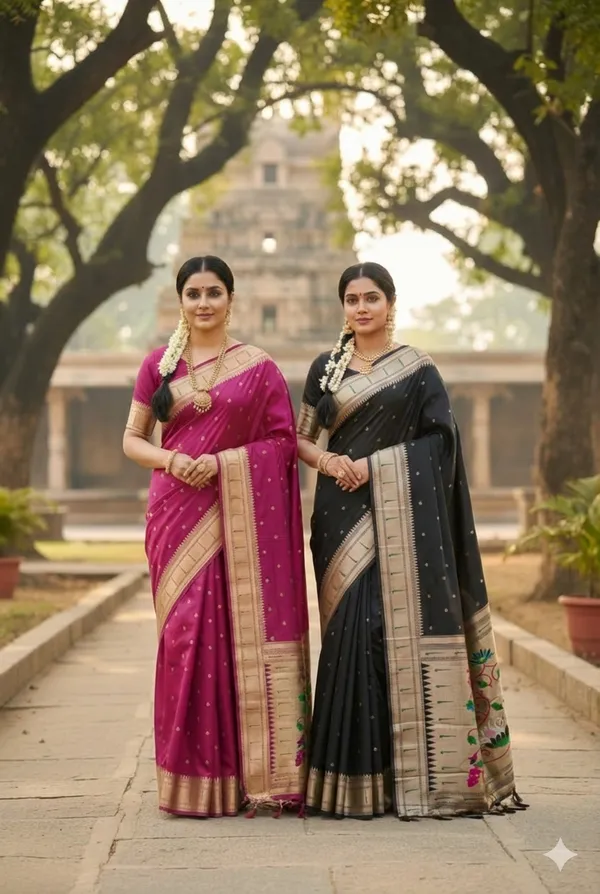 Rani_Pink_And_Black_Pure_Banarasi_Soft_Silk_Maharashtra_Special_Paithani_Saree_With_Blouse_Combo_Set_Pack_Of_2