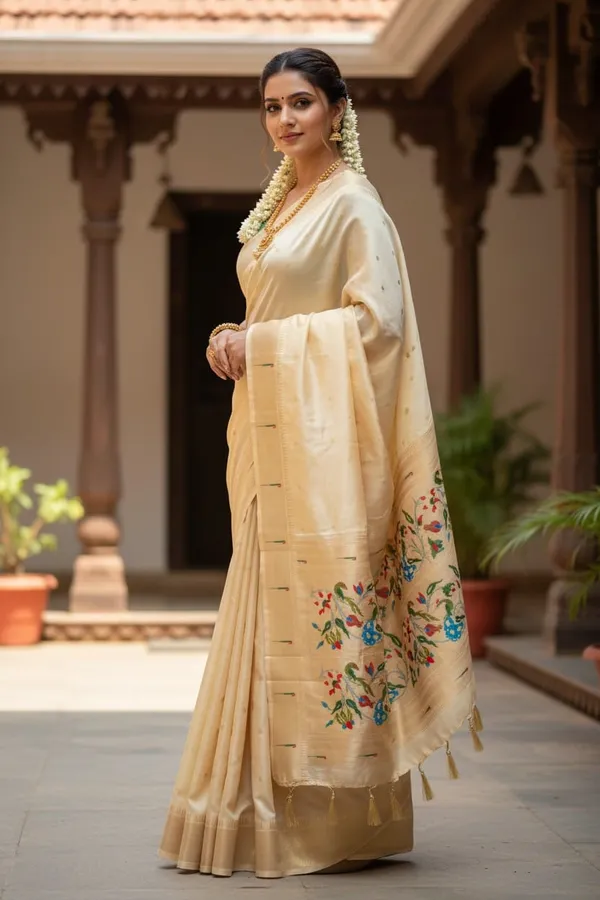 Cream_Pure_Banarasi_Soft_Silk_Maharashtra_Special_Paithani_Saree_With_Blouse
