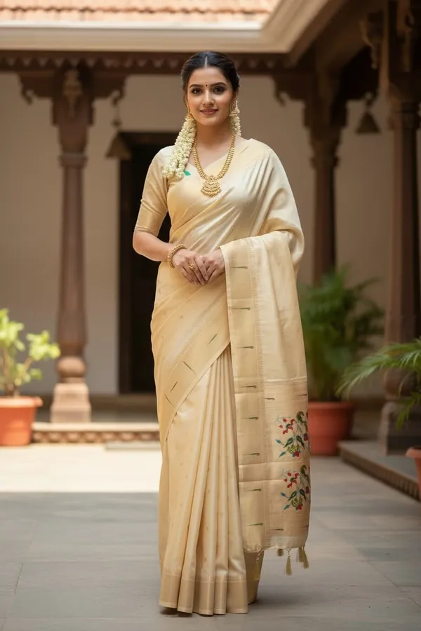 Cream_Pure_Banarasi_Soft_Silk_Maharashtra_Special_Paithani_Saree_With_Blouse