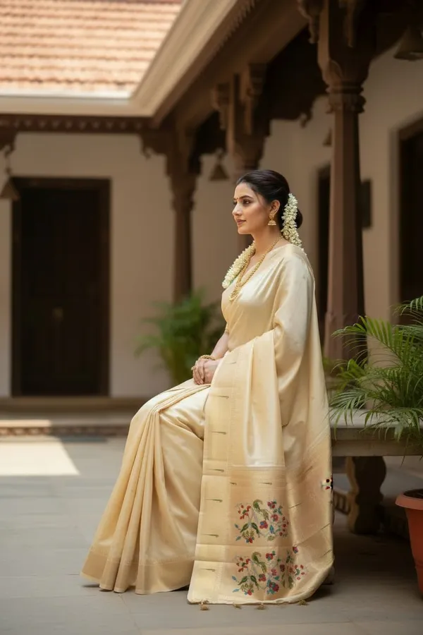 Cream_Pure_Banarasi_Soft_Silk_Maharashtra_Special_Paithani_Saree_With_Blouse