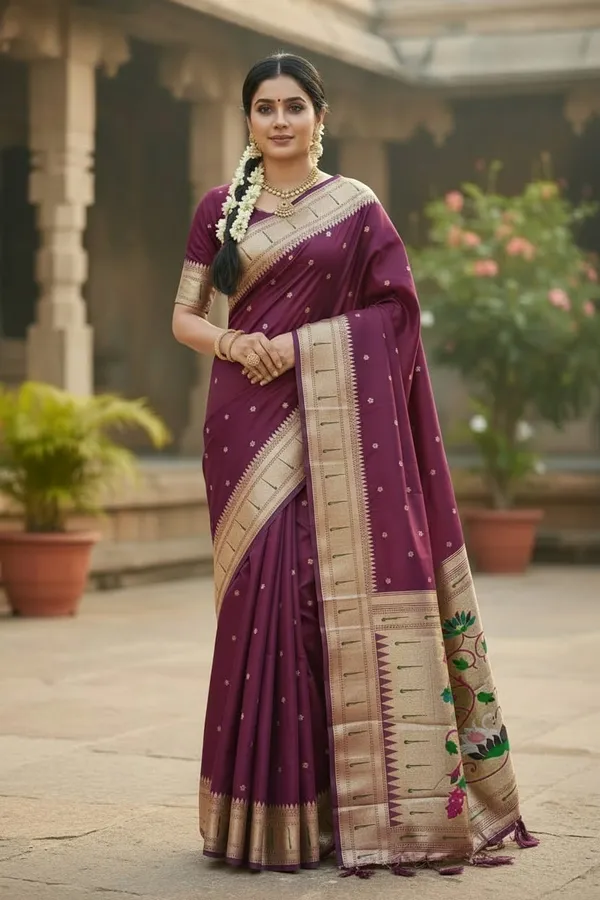 Wine_Pure_Banarasi_Soft_Silk_Maharashtra_Special_Paithani_Saree_With_Blouse