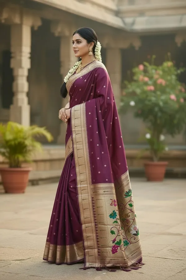 Wine_Pure_Banarasi_Soft_Silk_Maharashtra_Special_Paithani_Saree_With_Blouse