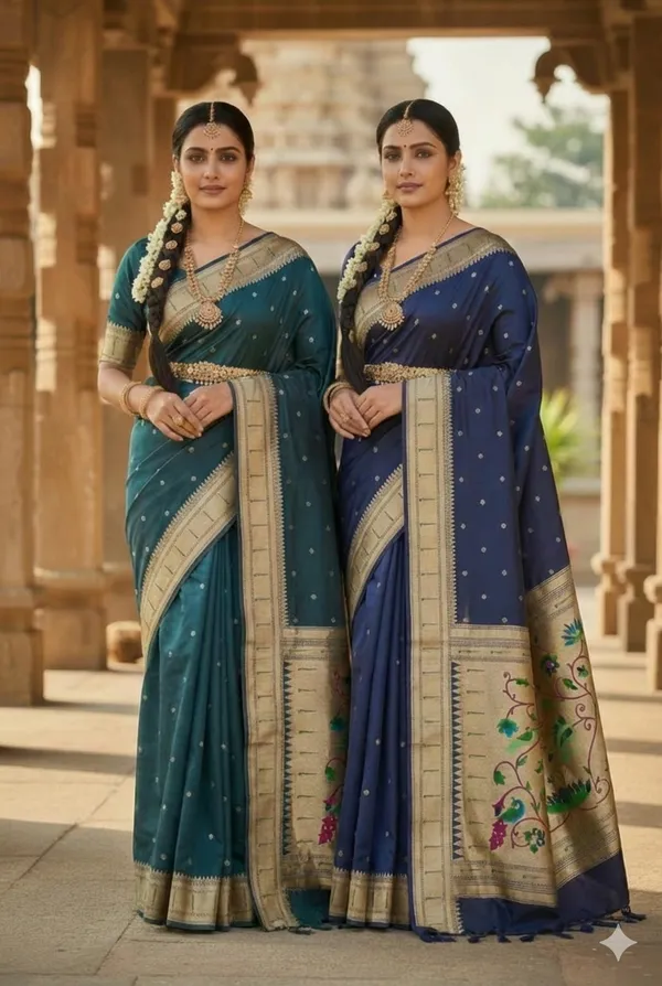 Navy_Blue_And_Peacock_Pure_Banarasi_Soft_Silk_Maharashtra_Special_Paithani_Saree_With_Blouse_Combo_Set_Pack_Of_2